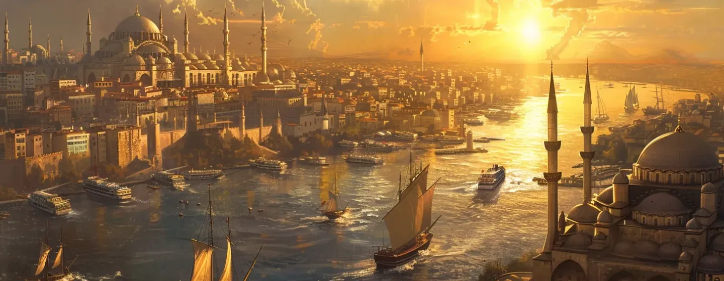 Constantinople at golden hour with sailing ships on the Bosphorus
