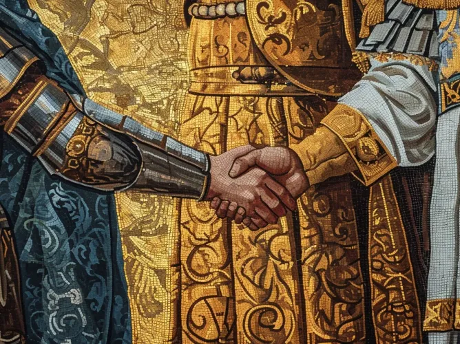 Byzantine mosaic of a warrior and a noble shaking hands