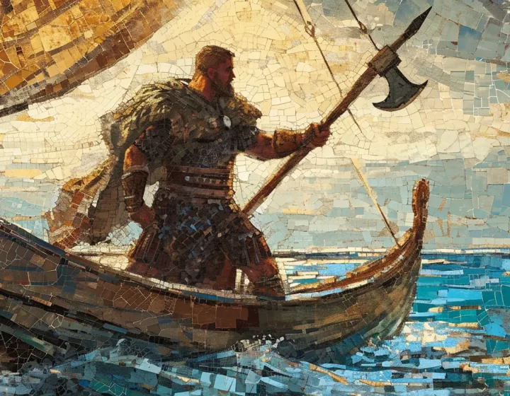 A Varangian warrior standing in a longship with an axe, painted as a mosaic